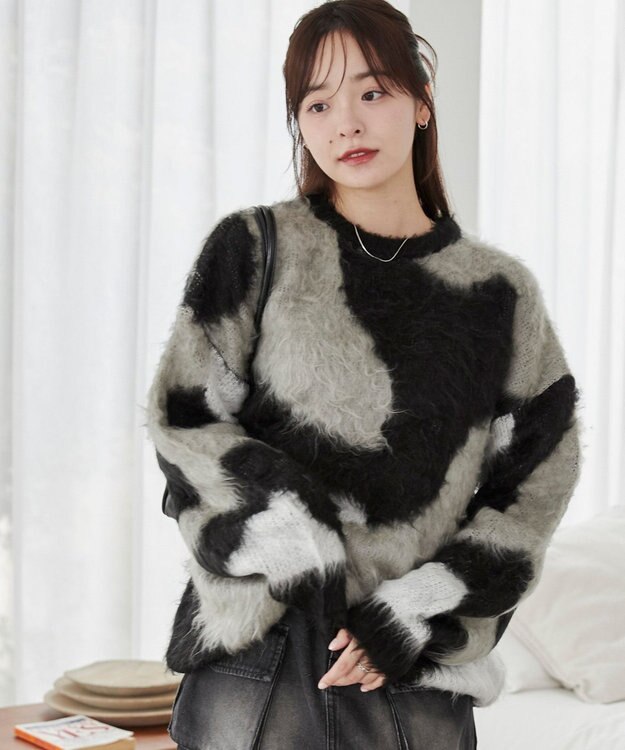 WEGO 【ユニセックス着用ITEM】マーブルシャギーニットプルオーバー ブラック