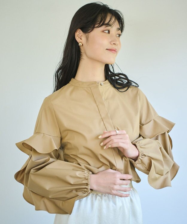 #Newans 【ANSWER for Co-Creation】フリルスリーブバンドカラーブラウス キャメル系