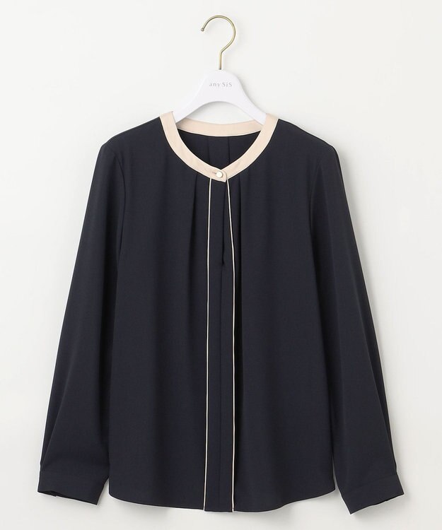 ANY SIS S 【洗える】フロントタック ブラウス ネイビー×アイボリー