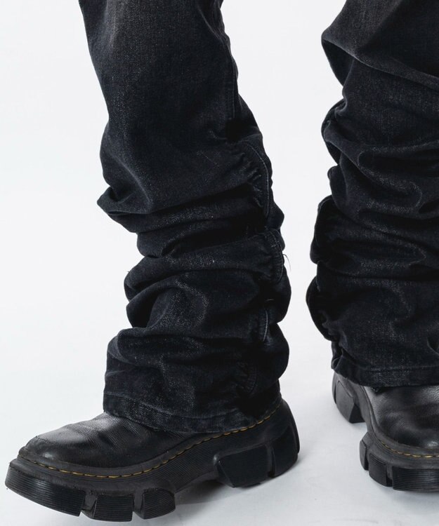 WEGO 【ユニセックス着用ITEM】シャーリングフレアデニムスキニーパンツ デニムブラックソノタ