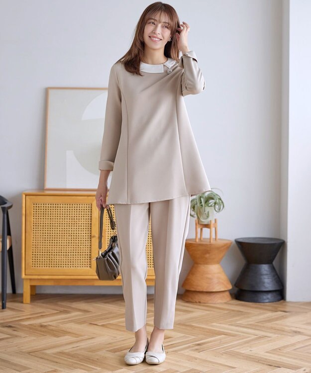 Tiaclasse L 【ストレッチジョーゼット】スリットテーパードパンツ グレージュ