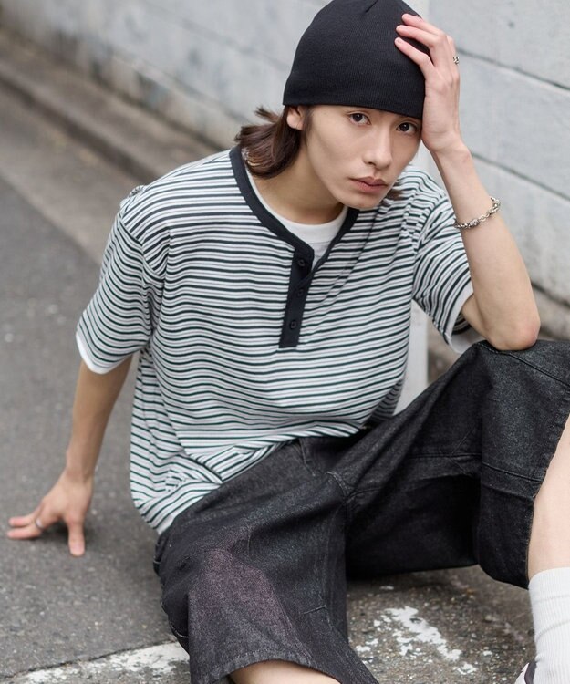 WEGO 【ユニセックス着用ITEM】ボーダーヘンリーネックT（SS） ブラックボーダー
