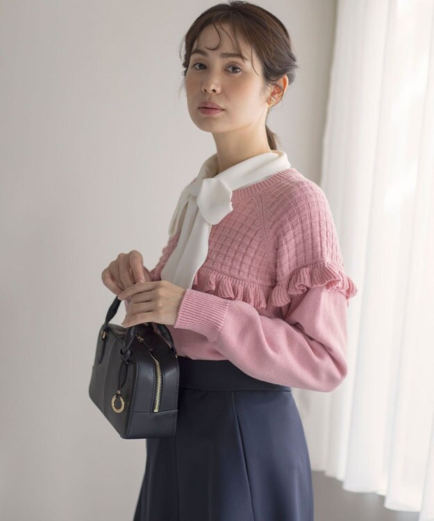 組曲 バスケット編みフリル ニット ピンク系