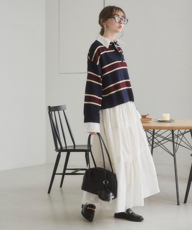 WEGO 【ANGIE VINTAGE】シャツ襟 ドッキング　フェイクレイヤード ニット トップス ブルーボーダー