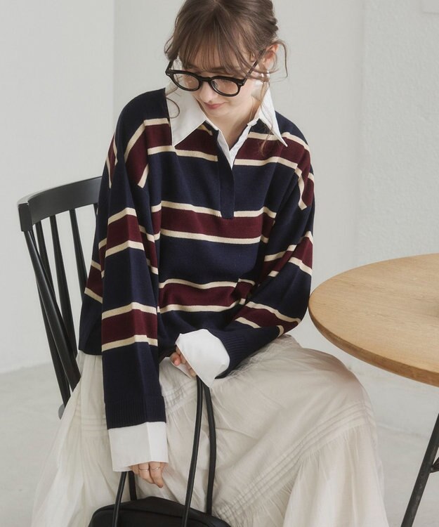 WEGO 【ANGIE VINTAGE】シャツ襟 ドッキング　フェイクレイヤード ニット トップス ブルーボーダー