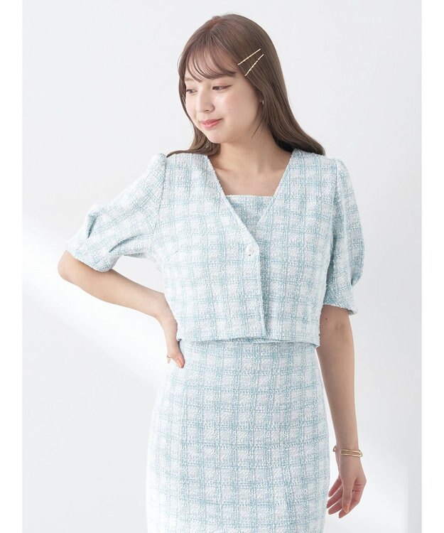 earth music&ecology ＳＥＴ２点　カットソーツィードアンサンブル Check Green