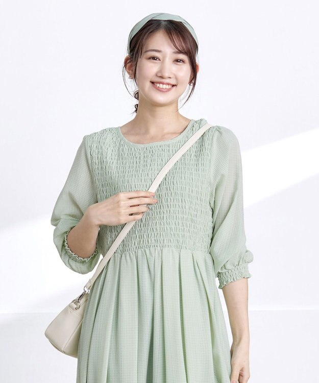 Tiaclasse L 【洗える】シャーリングパフスリーブシアーワンピース ミント