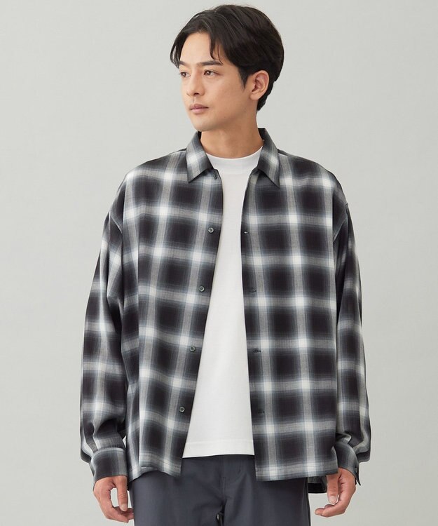 UNFILO MENS 【男女兼用】エアリーシアー オンブレシャツ ブラックチェック