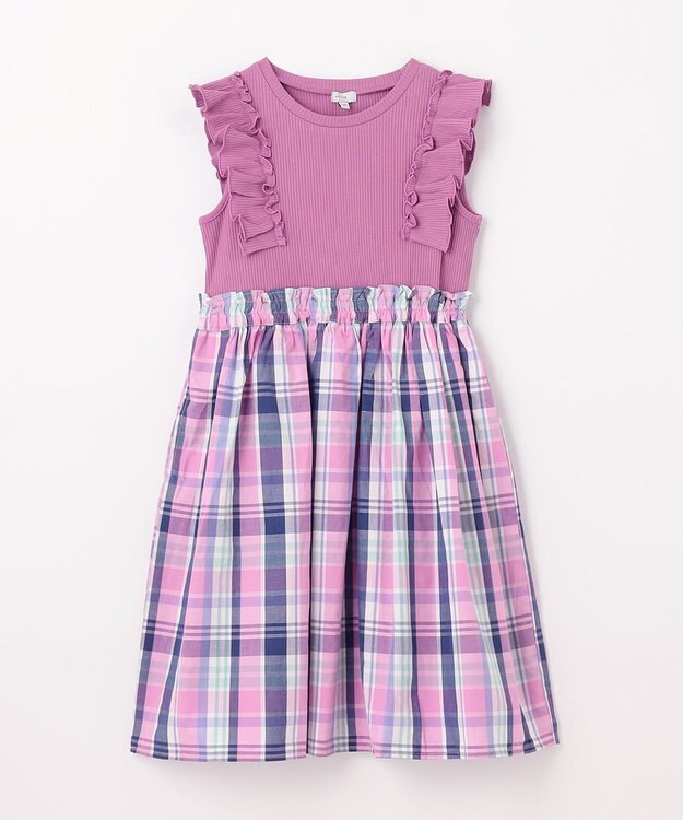 ANY KIDS チェック ドッキング ワンピース ローズ×マドラスチェック