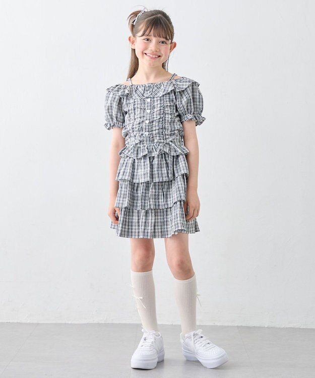 ANY KIDS 【洗濯機可能】ティアード チェックスカパン ブラック