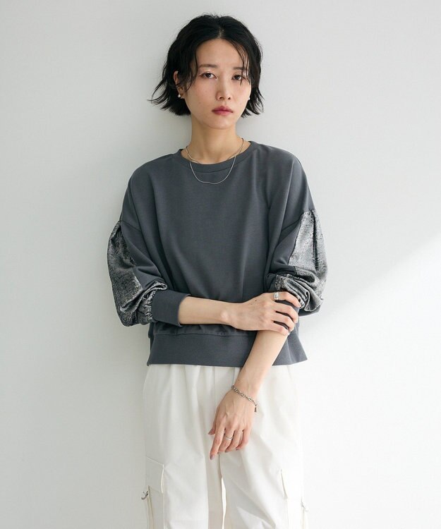 Green Parks 箔プリントドッキング裏毛プルオーバー Charcoal Gray