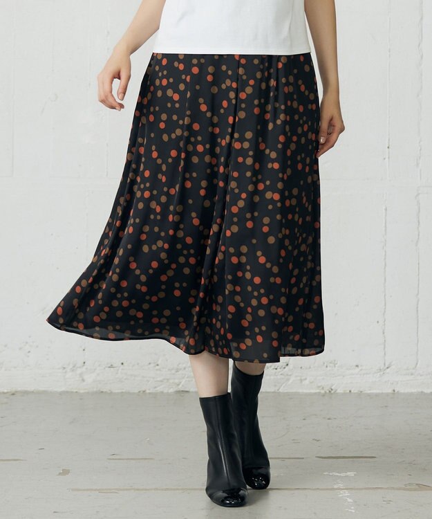 自由区 L マルチポルカドットプリント スカート ブラックベース