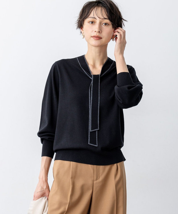 23区 【洗える】ウーステッドウール ボウタイ ニット ブラック系