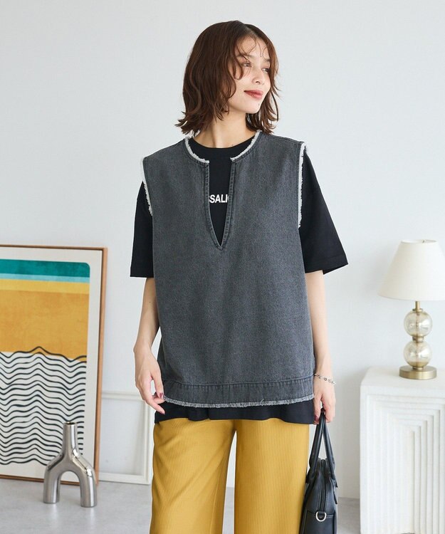 Green Parks フリンジ付きデニムベスト Black