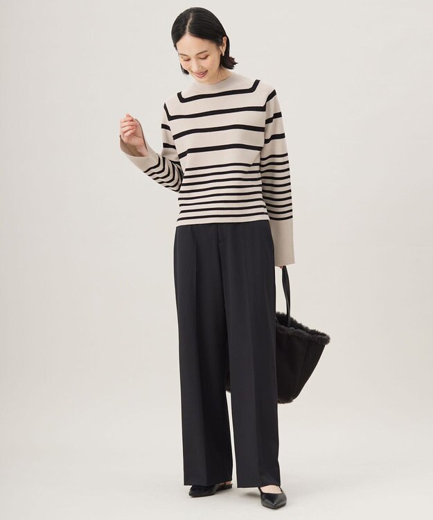 自由区 【スタイリストコラボ・洗える】ウールミラノボーダー ニット ベージュ×ブラック