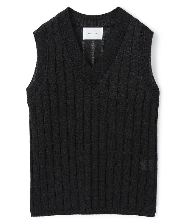 BEIGE， OPTICAL /  ペーパーヤーン Vネックリブニット Black