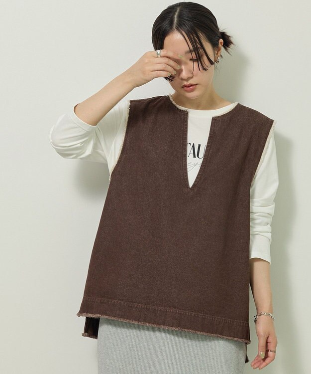 Green Parks フリンジ付きデニムベスト Brown