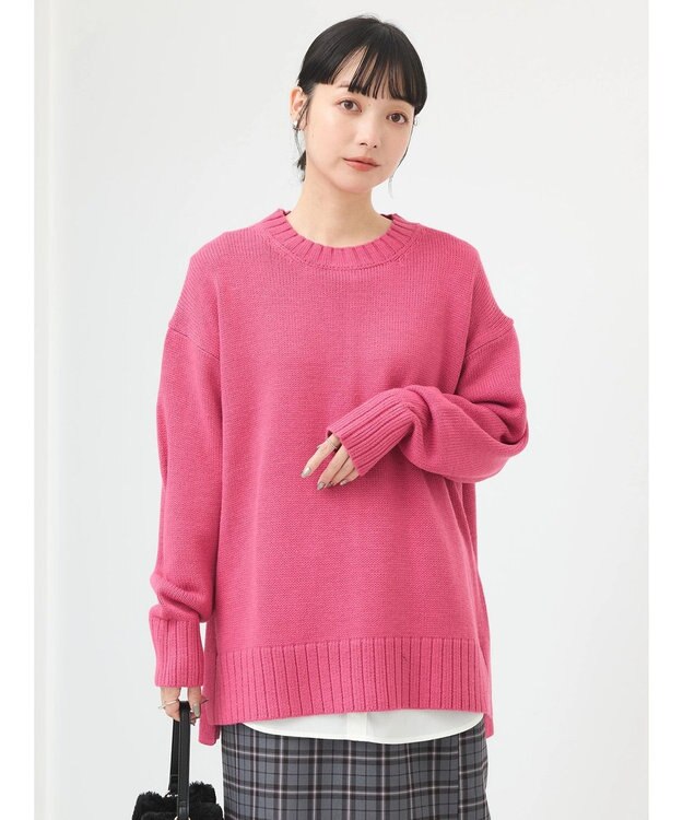 earth music&ecology ウォッシャブル脇スリットクルーネックプルオーバー Pink