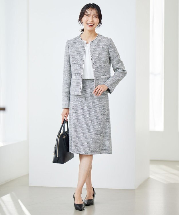 23区 S 【セットアップ対応】ライトシャインツイード ノーカラー ジャケット ブラック系