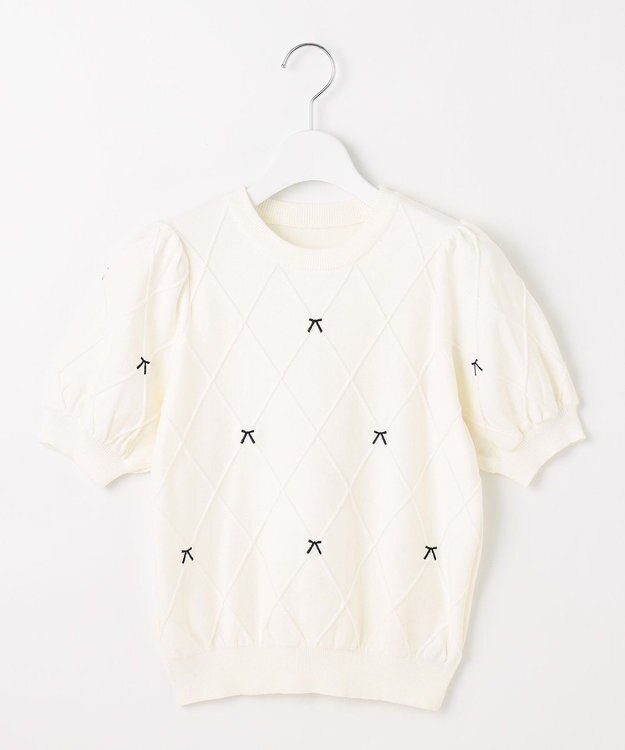 Feroux 【洗える】リボン刺繍ダイヤ柄 ニット ホワイト系