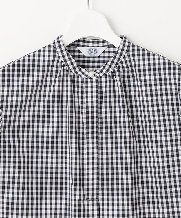 J.PRESS LADIES 【洗える・接触冷感・UVカット】エステネージュストライプ バンドカラーブラウス ホワイト×ネイビーギンガム系3