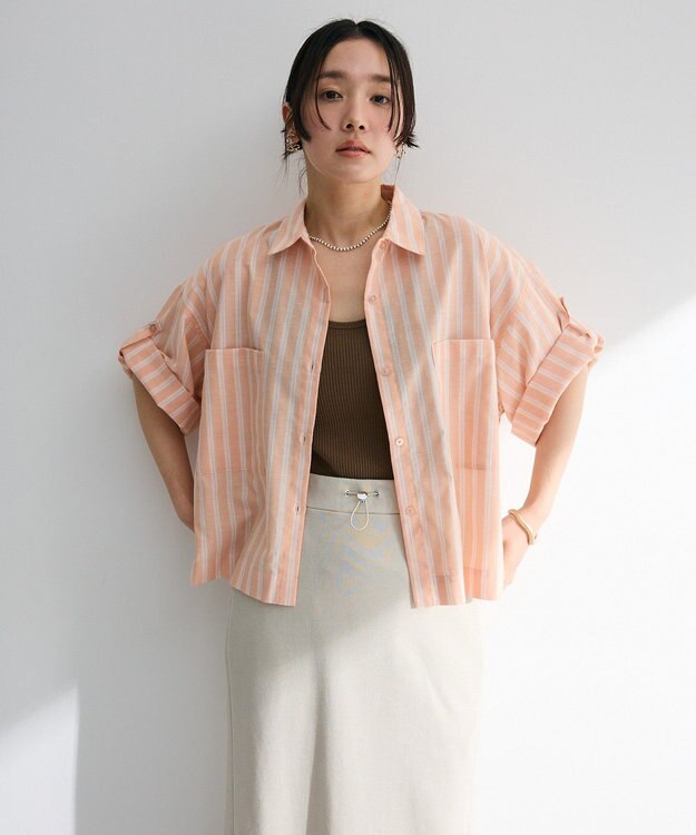 Green Parks 綿麻混５分袖ターンバックシャツ Orange