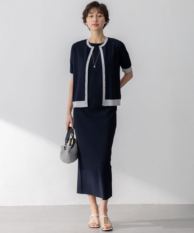 23区 S 【WEB&一部店舗限定/洗える】レーヨンポリエステルストレッチ 半袖 カーディガン ネイビー×シルバーラメ