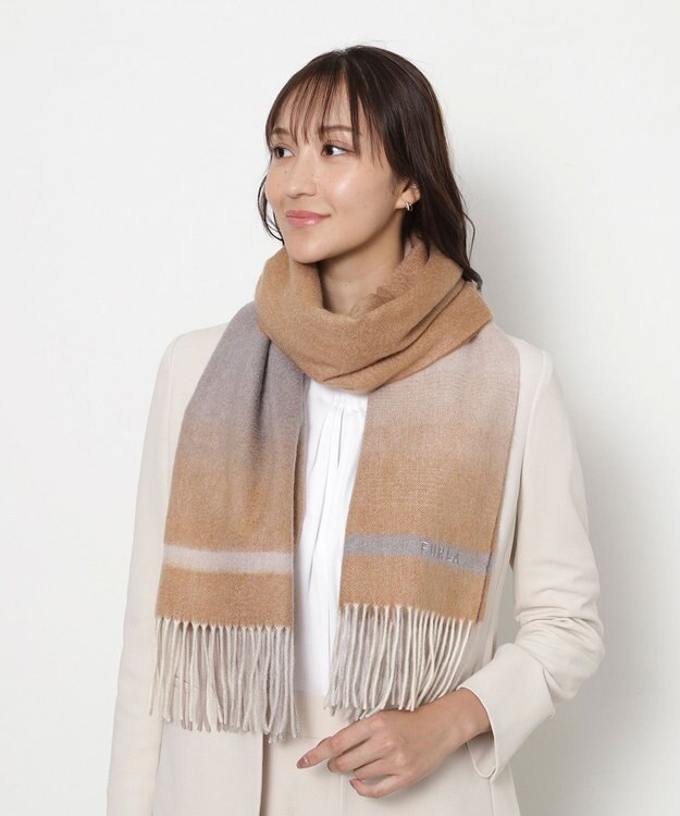 MOONBAT FURLA(フルラ）カシミヤ100％ カラーブロック オンブレー ストール キャメル