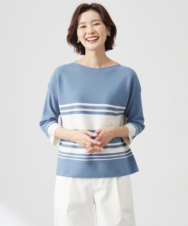 J.PRESS LADIES 【洗える】LINKS WG ホールガーメント ニット ブルー×オフ系