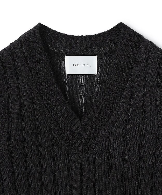 BEIGE， OPTICAL /  ペーパーヤーン Vネックリブニット Black