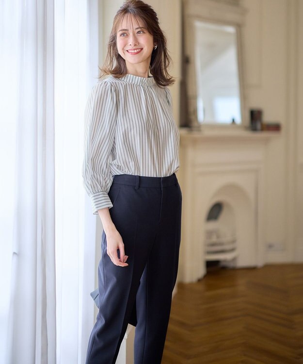 ANY SIS 【洗える】フェイクパールストライプ ブラウス グレーストライプ