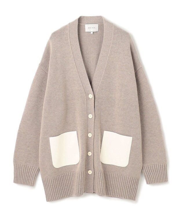 BEIGE， 【洗える】LEADER / フェイクレザーポケットオーバーサイズカーディガン Taupe
