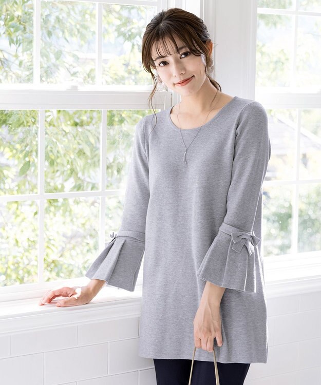 Tiaclasse L 【洗える】ミラノリブ編みのフレア袖ニットチュニック ライトグレー