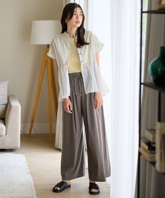 ANY L 半袖ティアードブラウス オフ×ストライプ