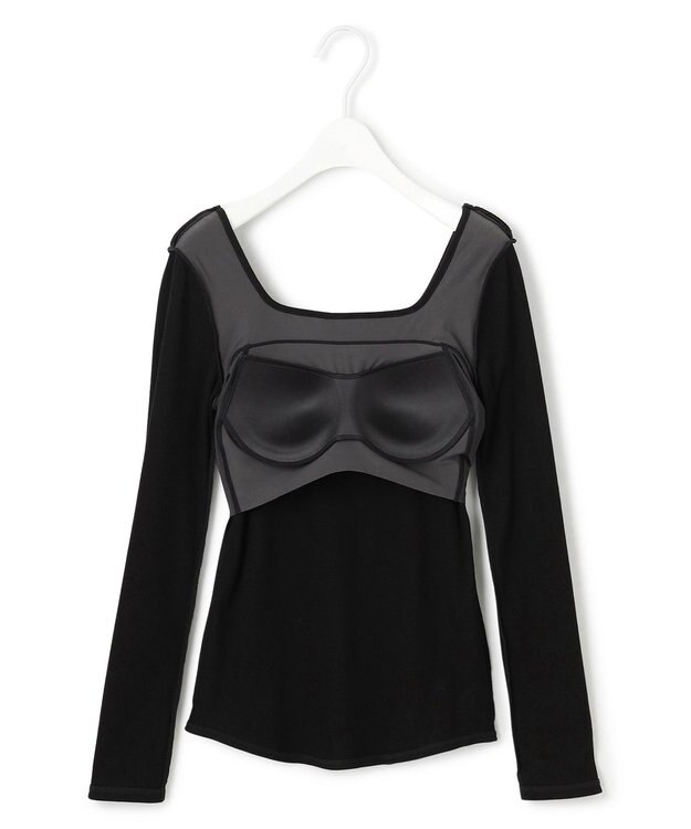 ICB 【洗える】【OUR WACOAL コラボ】カップイン スクエアネックロングTシャツ ブラック系