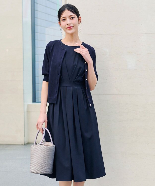 Tiaclasse L 【2TYPEスリーブ/半袖・ノースリーブ・洗える】タックフレアワンピース 半袖：ネイビー