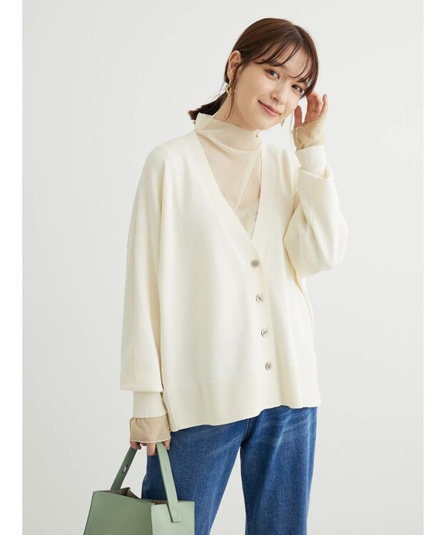 Green Parks 洗える　ステッチ入りＶネックカーディガン Off White