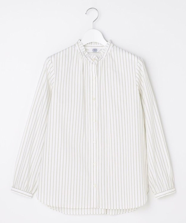 J.PRESS LADIES S BEZコットンナイロン ストライプ フリル襟 ブラウス ホワイト×ライム×グレー系