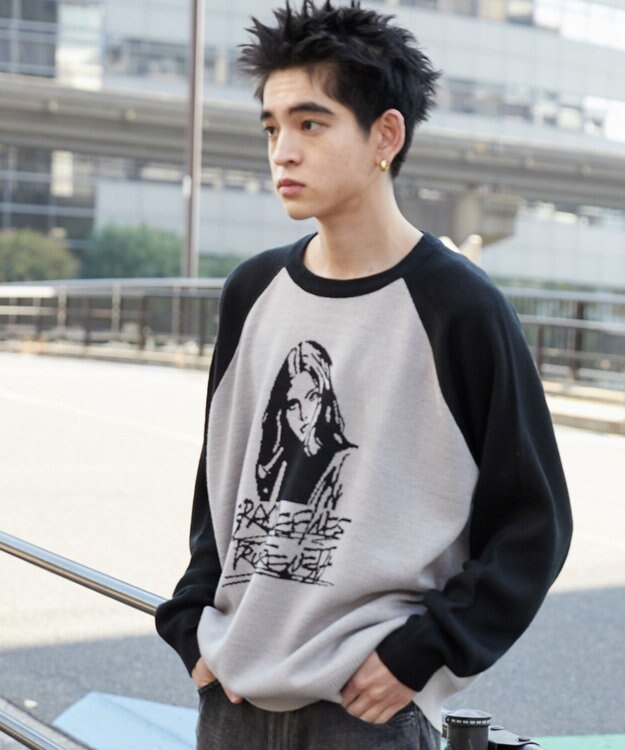 WEGO ラグランジャガードグラフィックプルオーバー ブラック