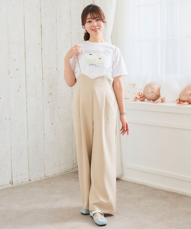 Feroux フリルデザイン・サス付きパンツ ベージュ系