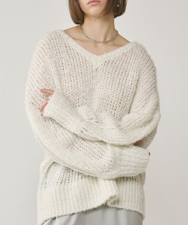 GRACE CONTINENTAL スパンコール畦ニットトップ ホワイト