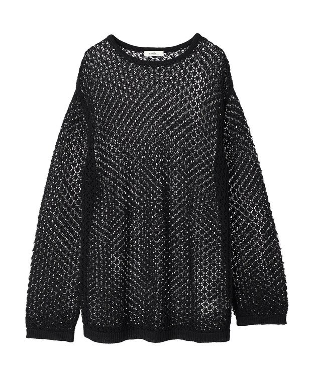 earth music&ecology メッシュ編みニットプルオーバー Black