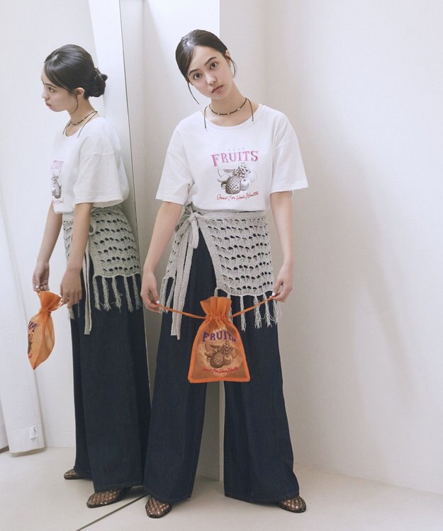 earth music&ecology 刺繍チュール巾着 Orange