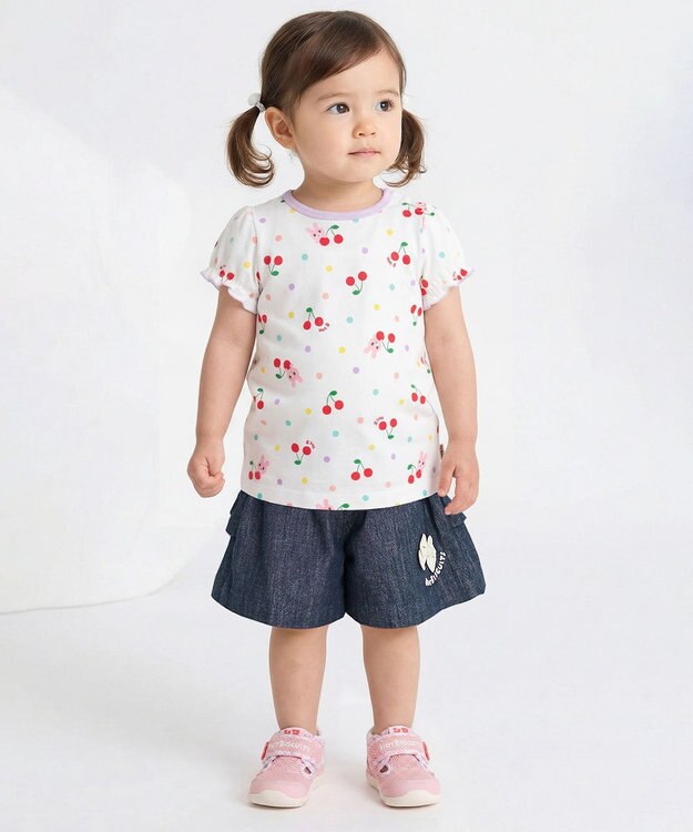 MIKI HOUSE HOT BISCUITS 【80-120cm】キャビット×さくらんぼ 総柄 半袖Tシャツ 白