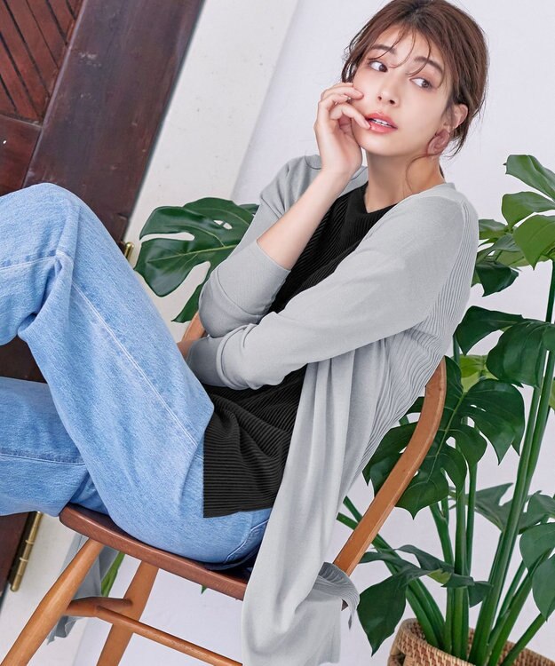 Tiaclasse 【洗える】バックリブプリーツ編みロングカーディガン グレー