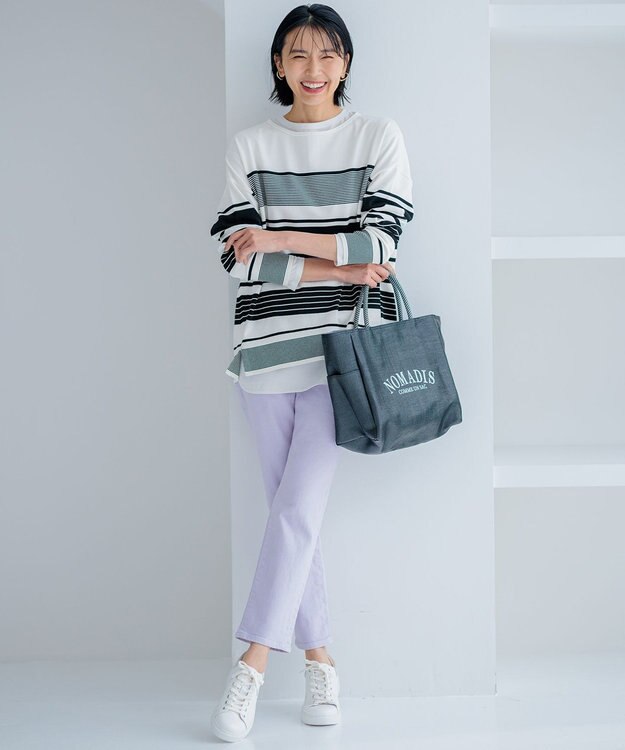 23区 【洗える】コットンポリエステルストレッチ オーバーサイズ ニット オフホワイトxブラックボーダー