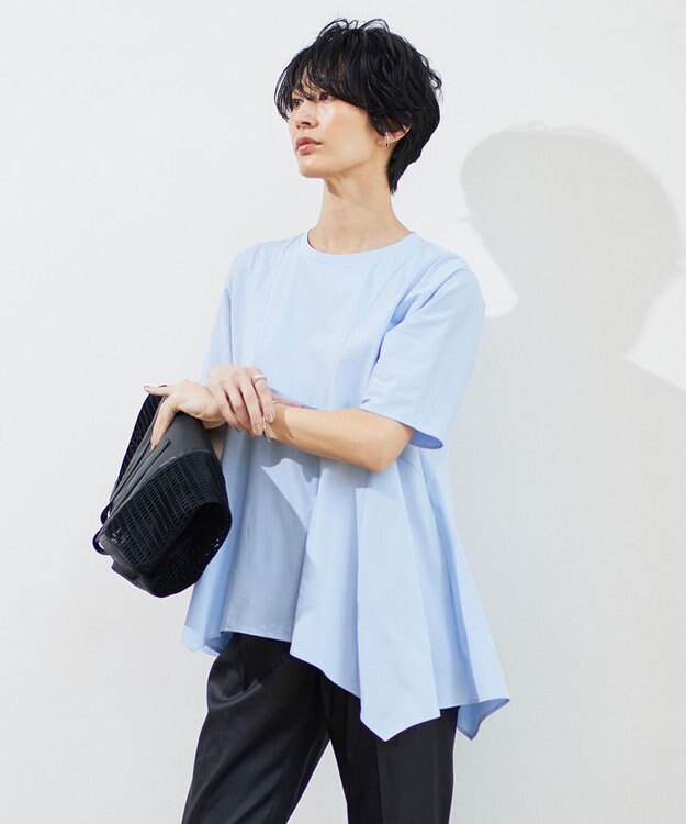 ICB 【洗える】ブラウスライクジャージー ハンカチーフヘムカットソー サックス系