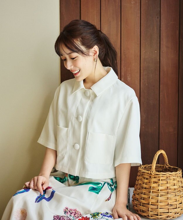 #Newans 【シワになりにくい】〈花乃まりあさんコラボ〉クロップドシャツジャケット ホワイト