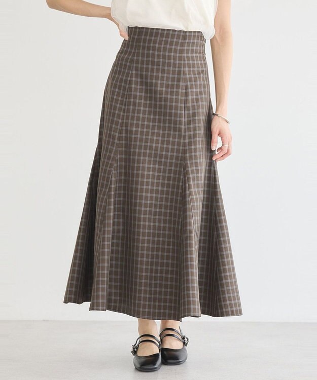 earth music&ecology 裾フレアチェックスカート Dark Brown