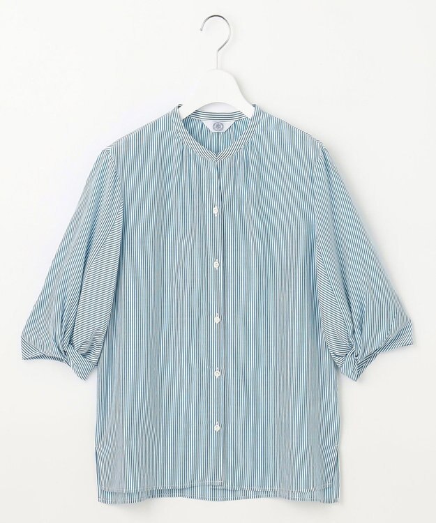 J.PRESS LADIES 【洗える】バイカラーギンガム&ストライプ ブラウス シーブルー系1